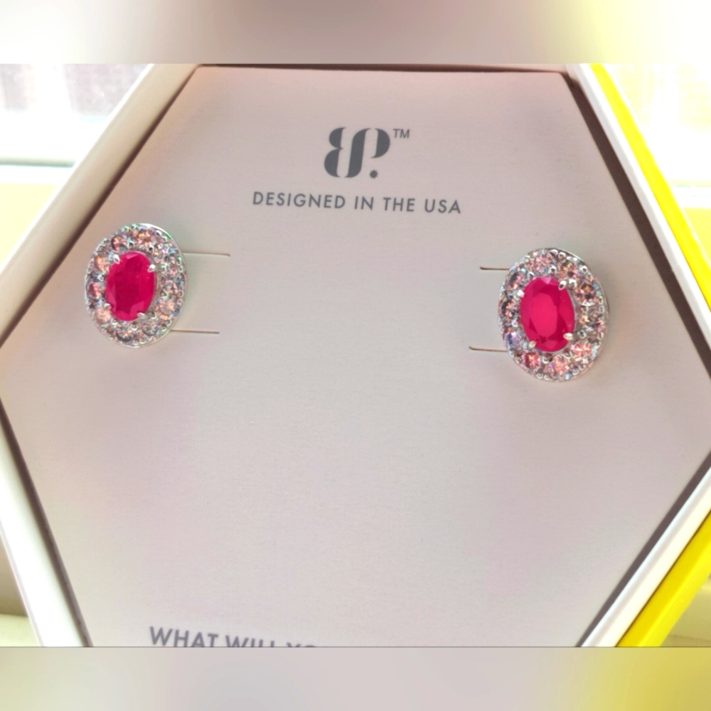 OG earrings pink sapphire fused with genuine quartz on .925 SOLID STERLING SILVE